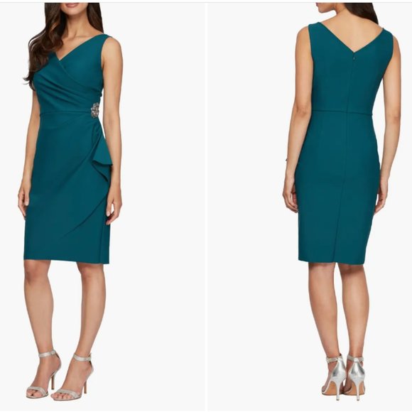 ALEX EVENInGS EMBELLISHED RUCHED SIDE DEEP TEAL SHEATH DRESS sz 6 - Picture 4 of 4